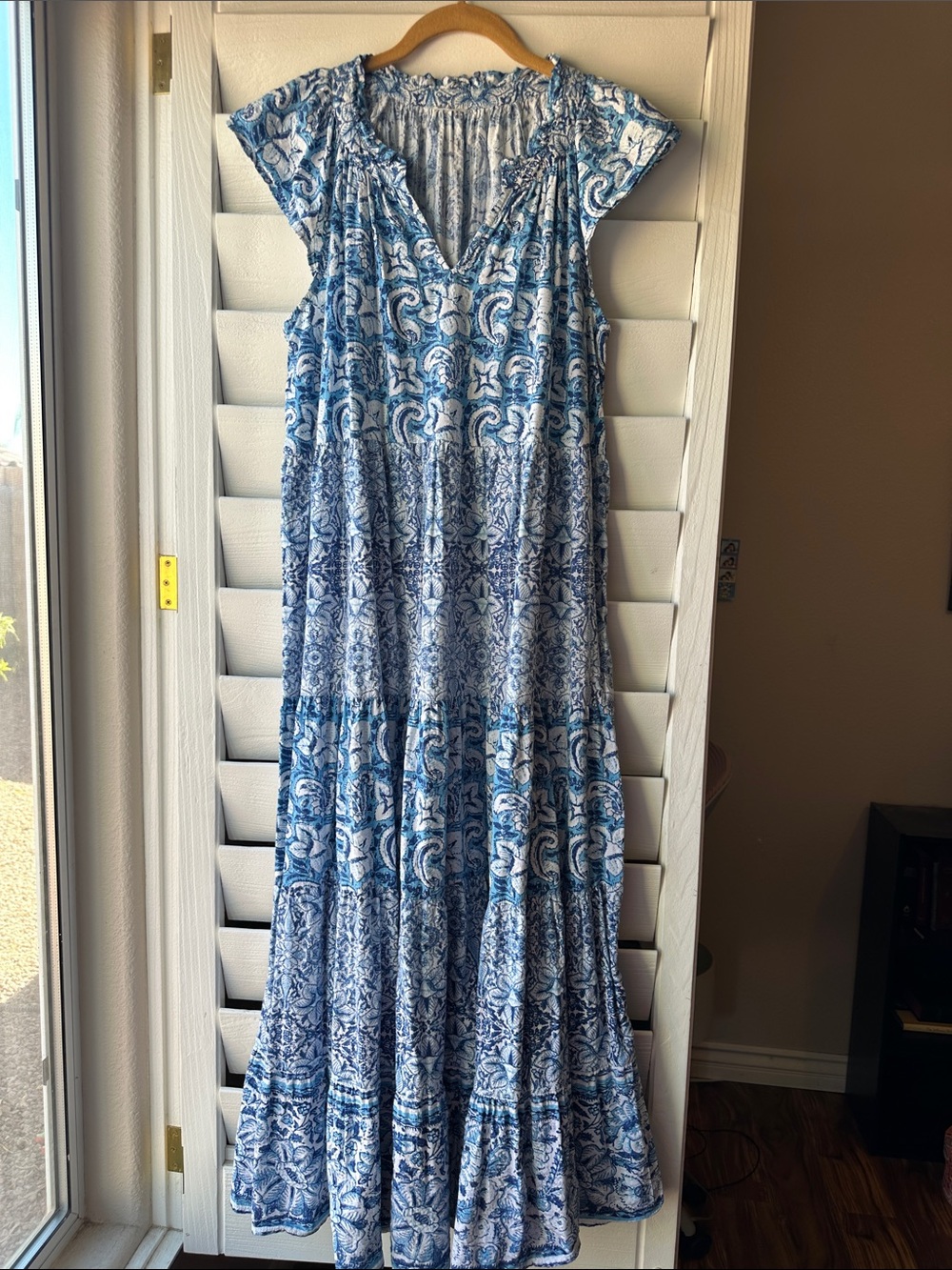 Vintage 70s Boho Paisley Floral Blue Hippie Maxi Batik Dress Ikat Large